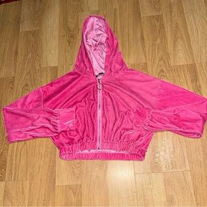 Eilly Bazar Y2K Vibrant Pink Velour Hooded Kids Jacket Size Large EUC